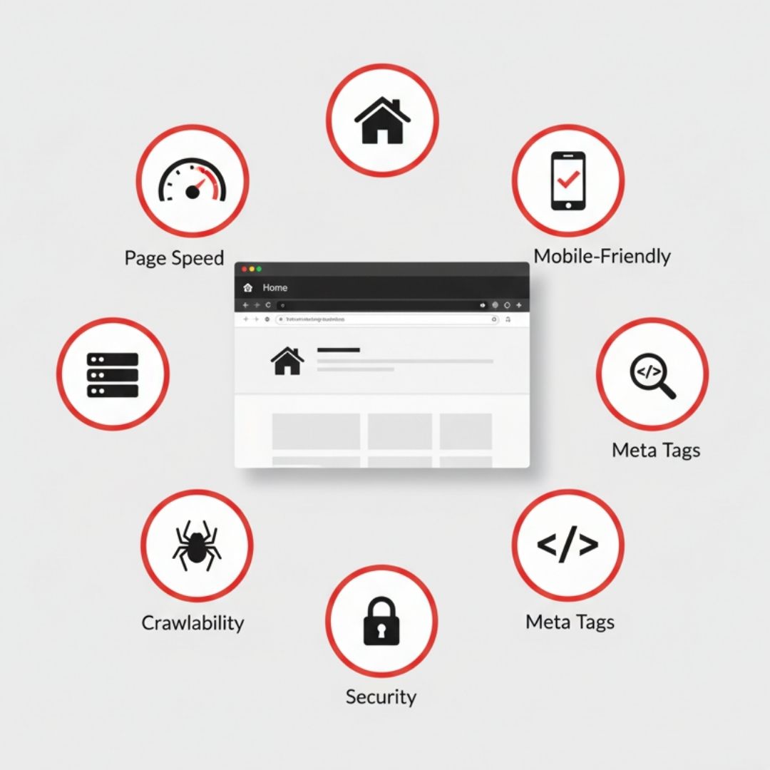 Diagram showing roofing website technical SEO issues like page speed, mobile optimization, and indexing