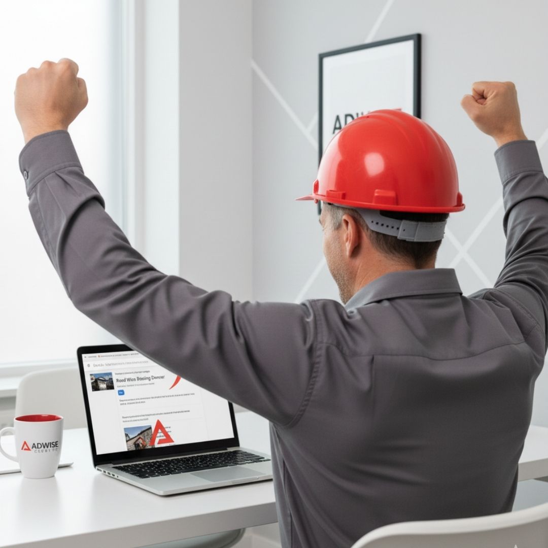 Happy roofer celebrating as his roofing website appears at the top of Google search results