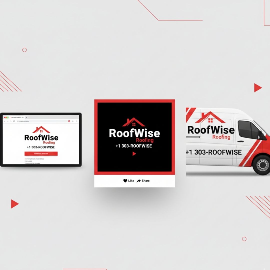 Example showing consistent roofing company name and contact info across website, social media, and truck wrap