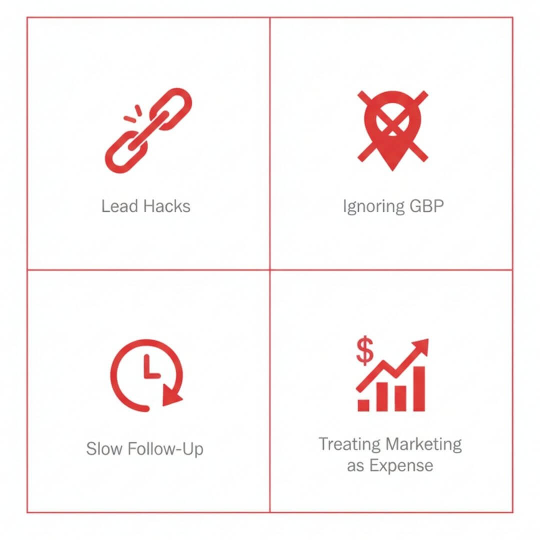 Icons showing common roofing lead generation mistakes like ignoring Google Business Profile and slow follow-up Icons showing common roofing lead generation mistakes like ignoring Google Business Profile and slow follow-up