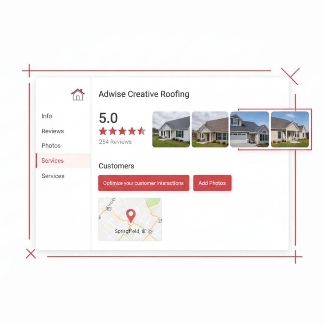 Optimized Google Business Profile with reviews and service area for roofing company Optimized Google Business Profile with reviews and service area for roofing company