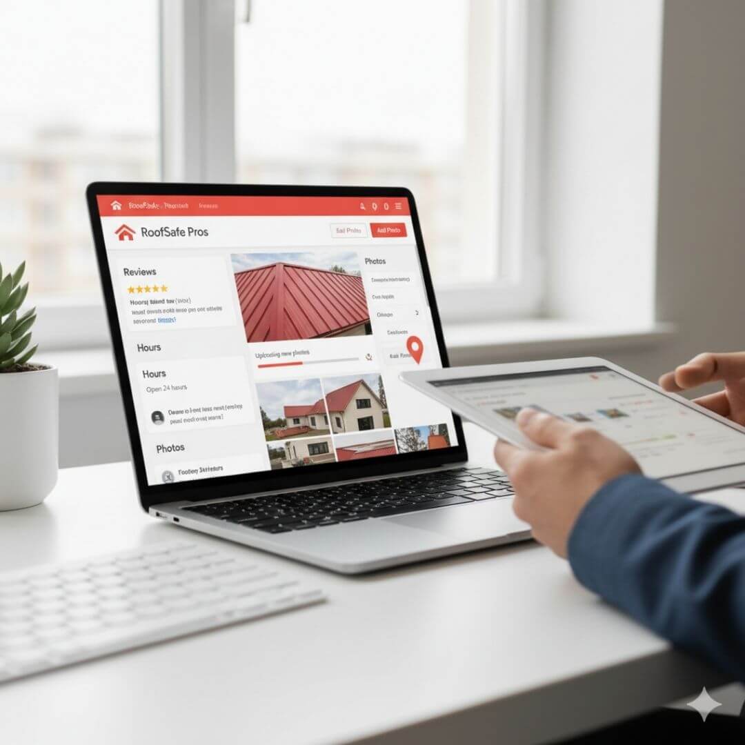 Google Business Profile dashboard for a roofing contractor being optimized for local SEO. Google Business Profile dashboard for a roofing contractor being optimized for local SEO.