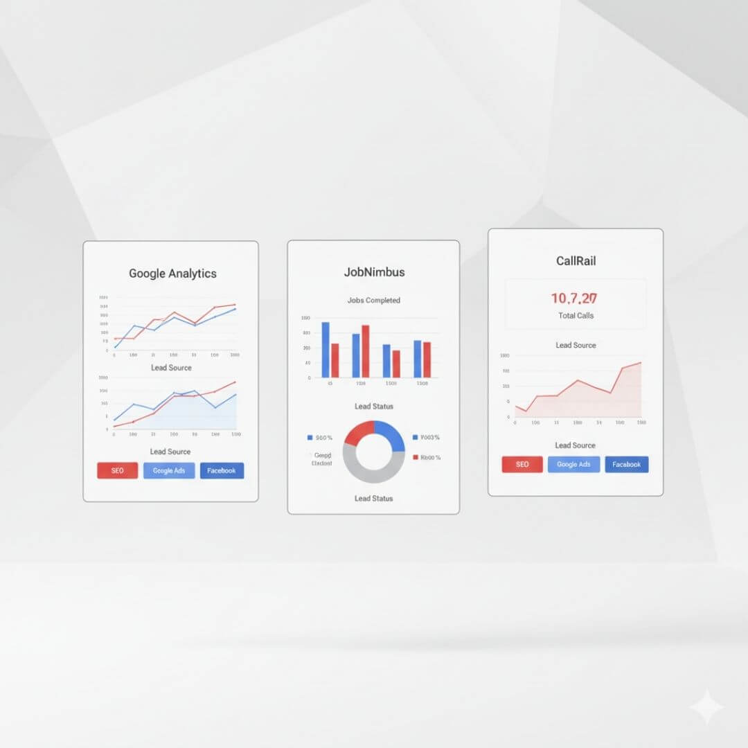 Dashboard showing roofing lead tracking by source in JobNimbus and Google Analytics.