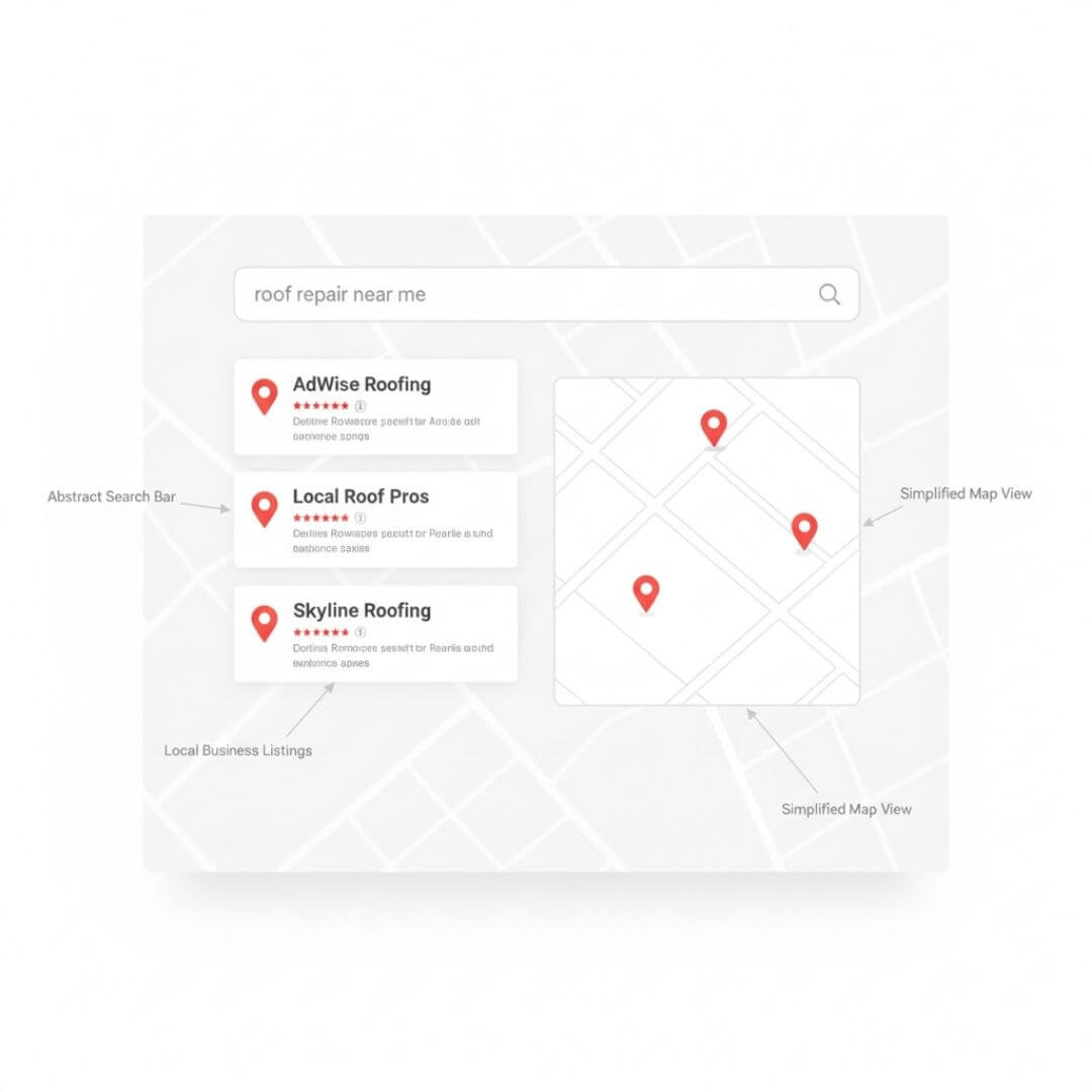 Google Maps search result mockup showing roofing company ranking in top 3 local results Google Maps search result mockup showing roofing company ranking in top 3 local results