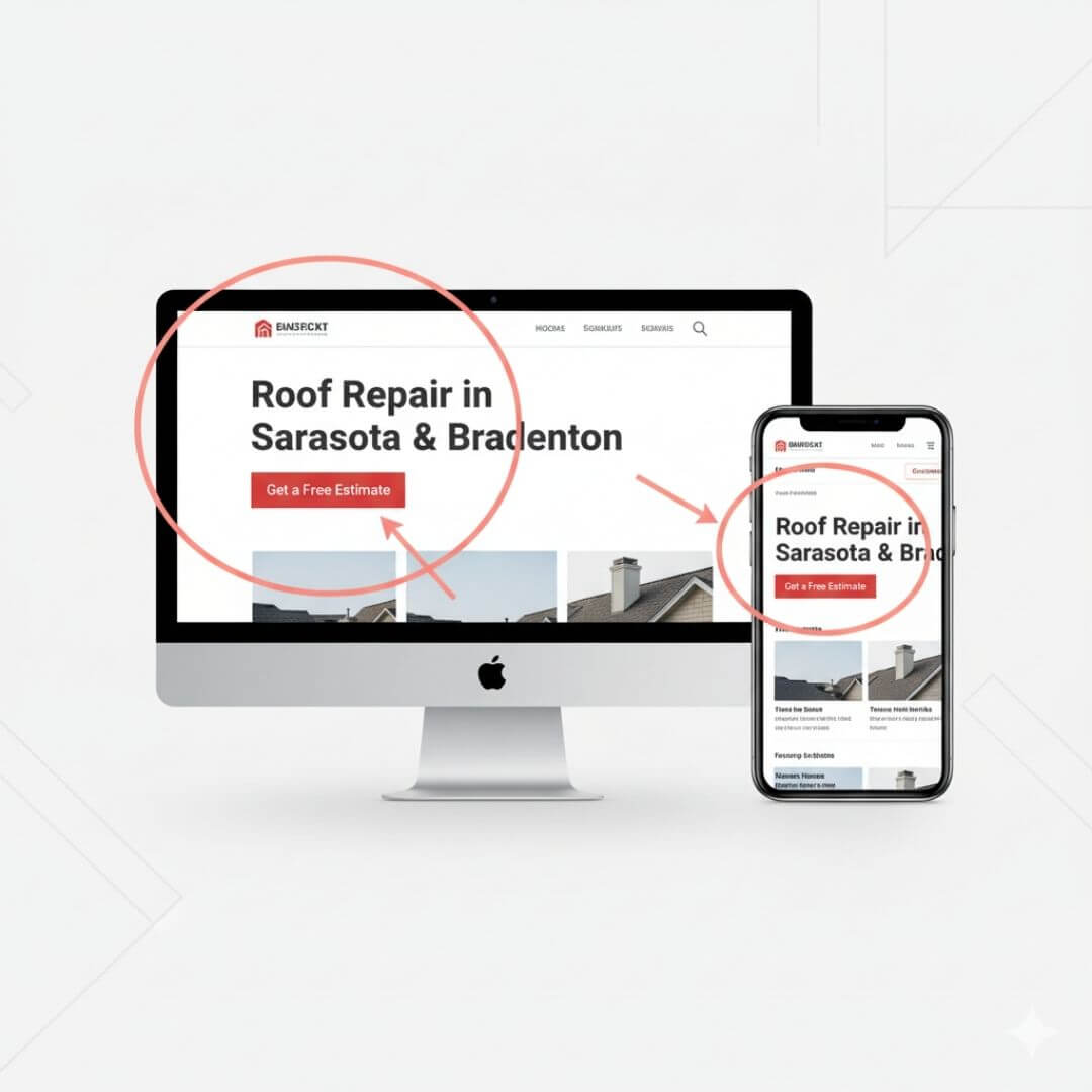 Example of a roofing website with clear call-to-action and local SEO focus built using Intelli-Sites.