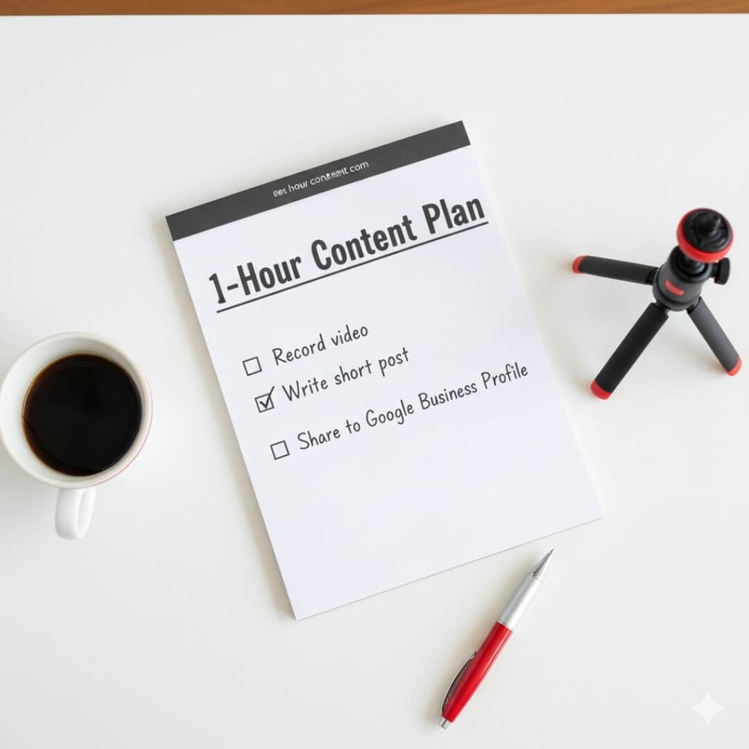 Flat-lay of one-hour content plan checklist showing how roofers can create marketing content quickly.