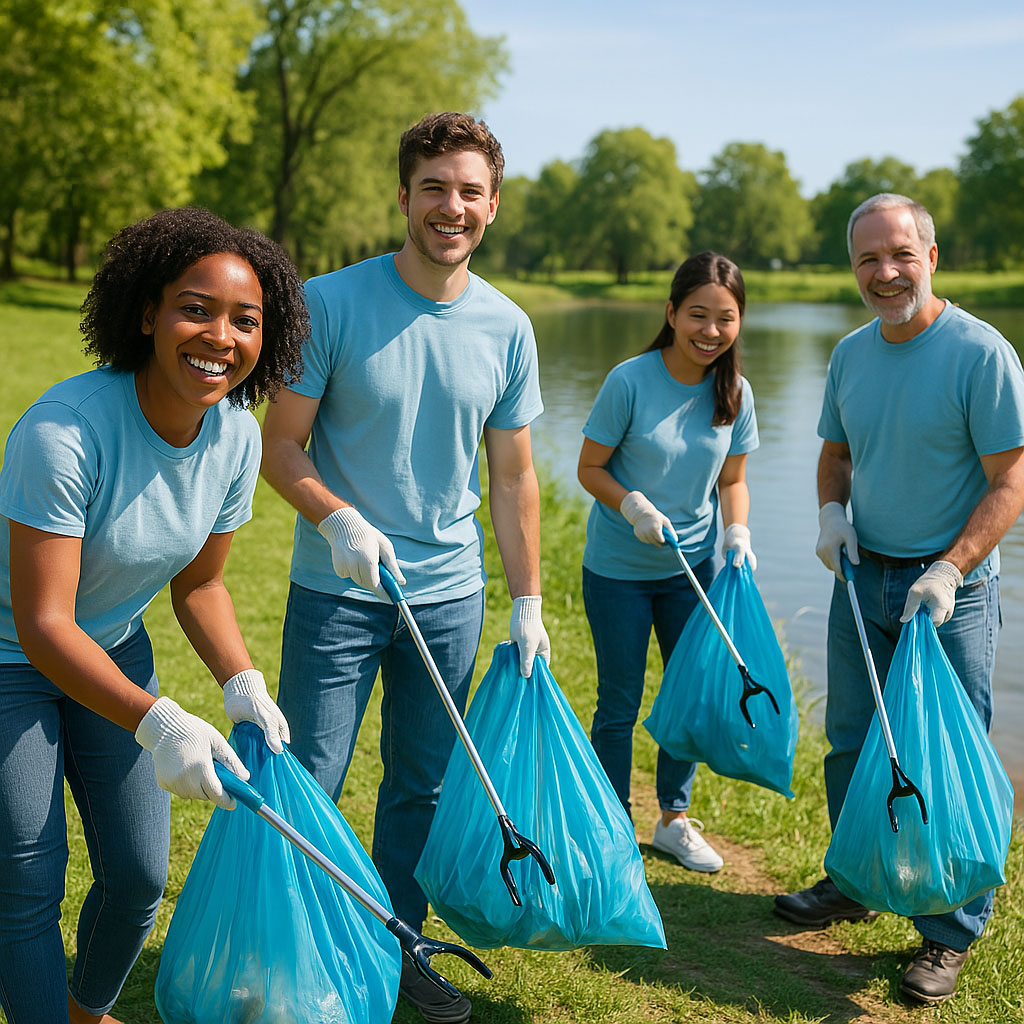 Southlake community volunteers happily participating in an environmental cleanup event around a local pond, promoting sustainability and environmental health. Southlake community volunteers happily participating in an environmental cleanup event around a local pond, promoting sustainability and environmental health.