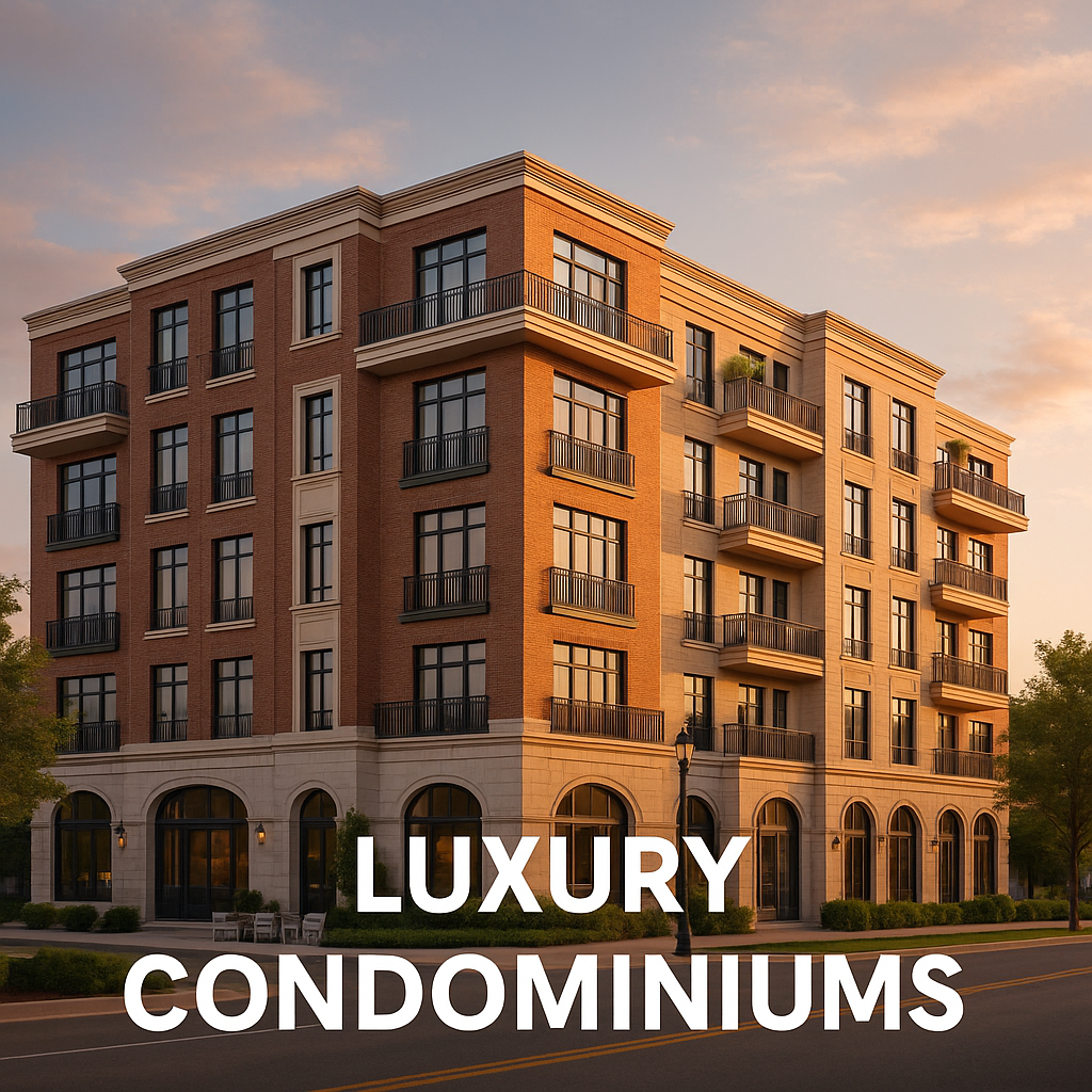 A luxury condominium building with modern and classic architecture in Southlake, Texas, captured at golden hour with a "Luxury Condominiums" banner in bold A luxury condominium building with modern and classic architecture in Southlake, Texas, captured at golden hour with a "Luxury Condominiums" banner in bold