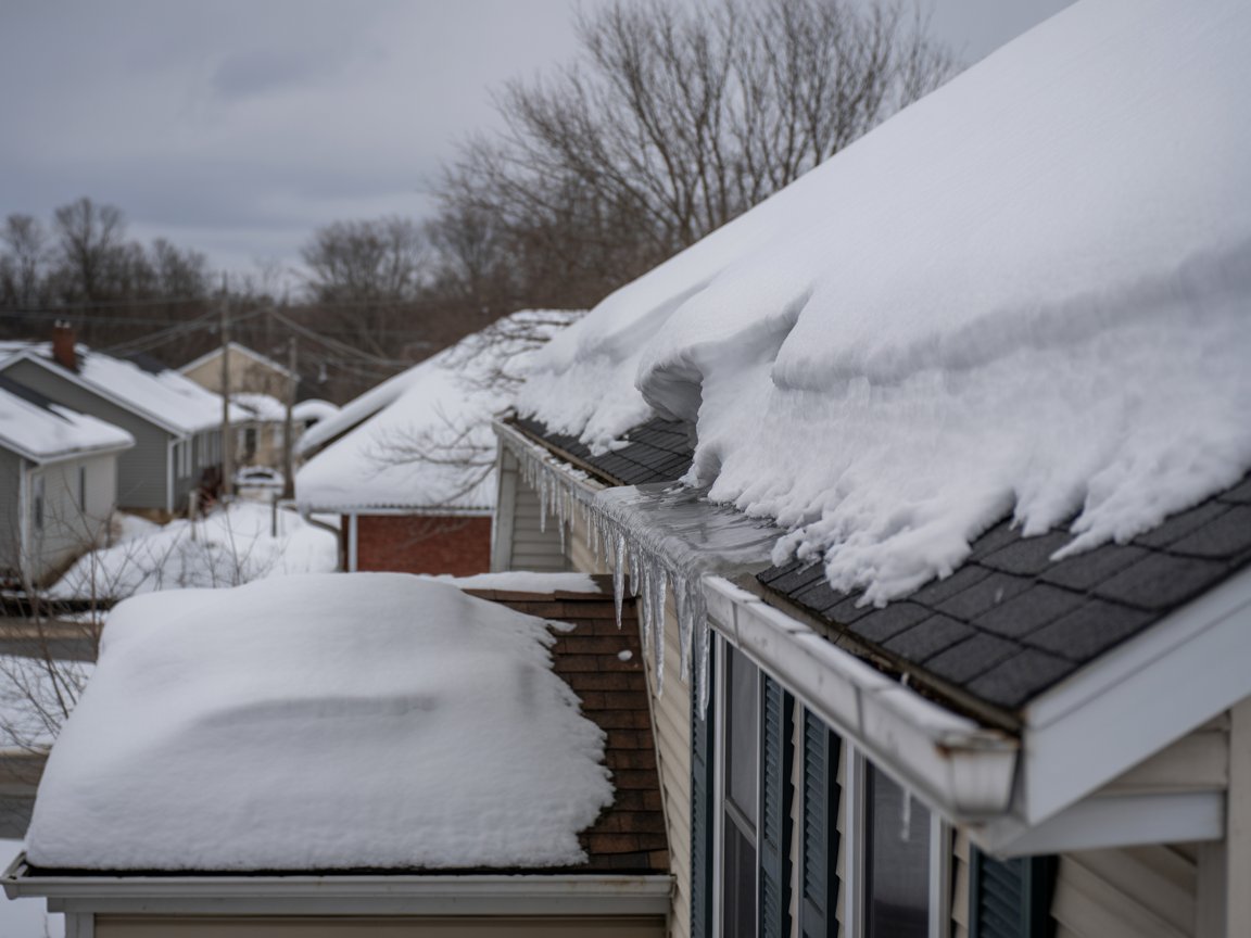 A close up view of ice and snow on a roof causing an ice dam which can lead to costly repairs. A close up view of ice and snow on a roof causing an ice dam which can lead to costly repairs.