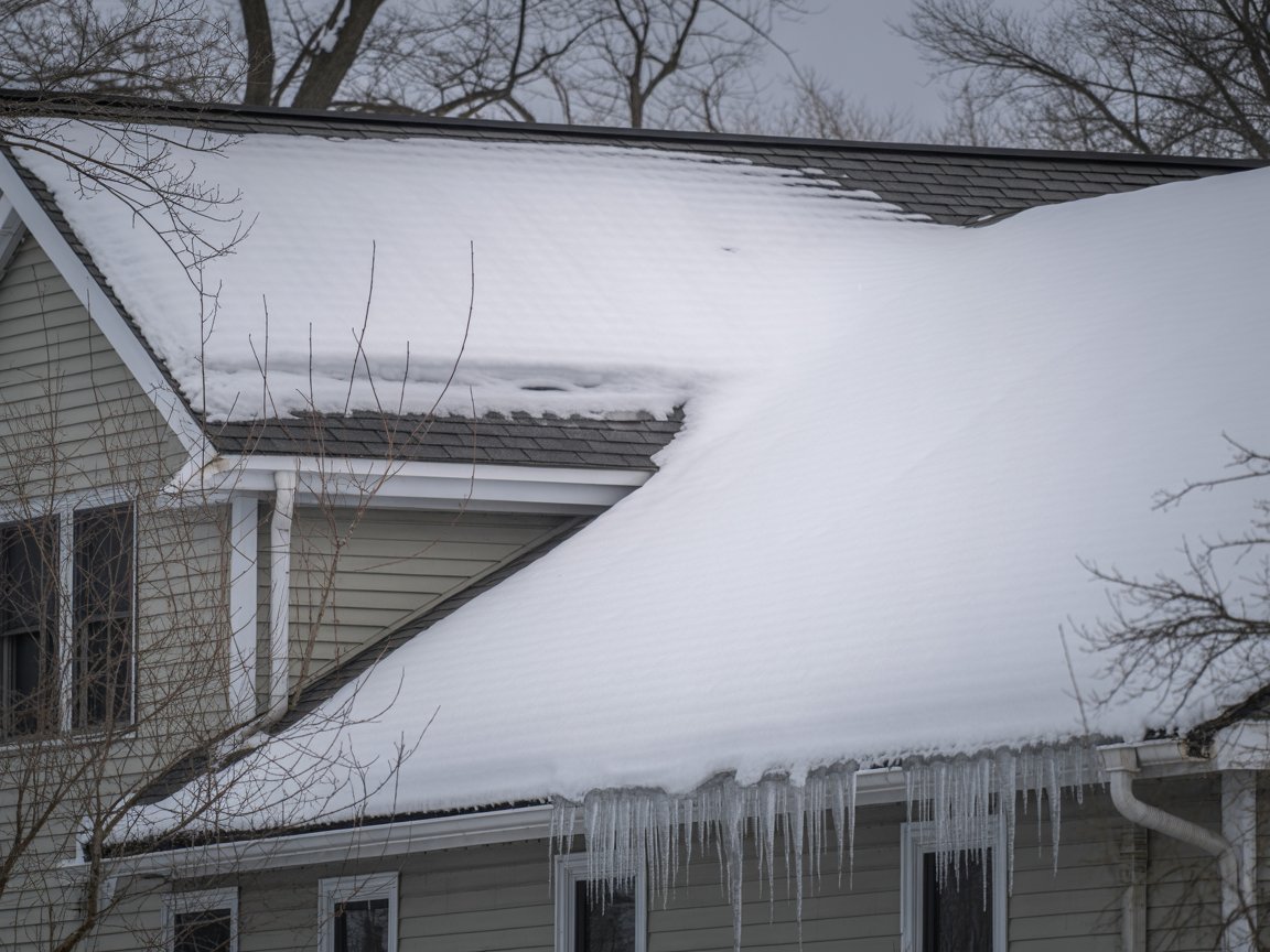 A roof with ice dams from a winter storm in Ohio. A roof with ice dams from a winter storm in Ohio.