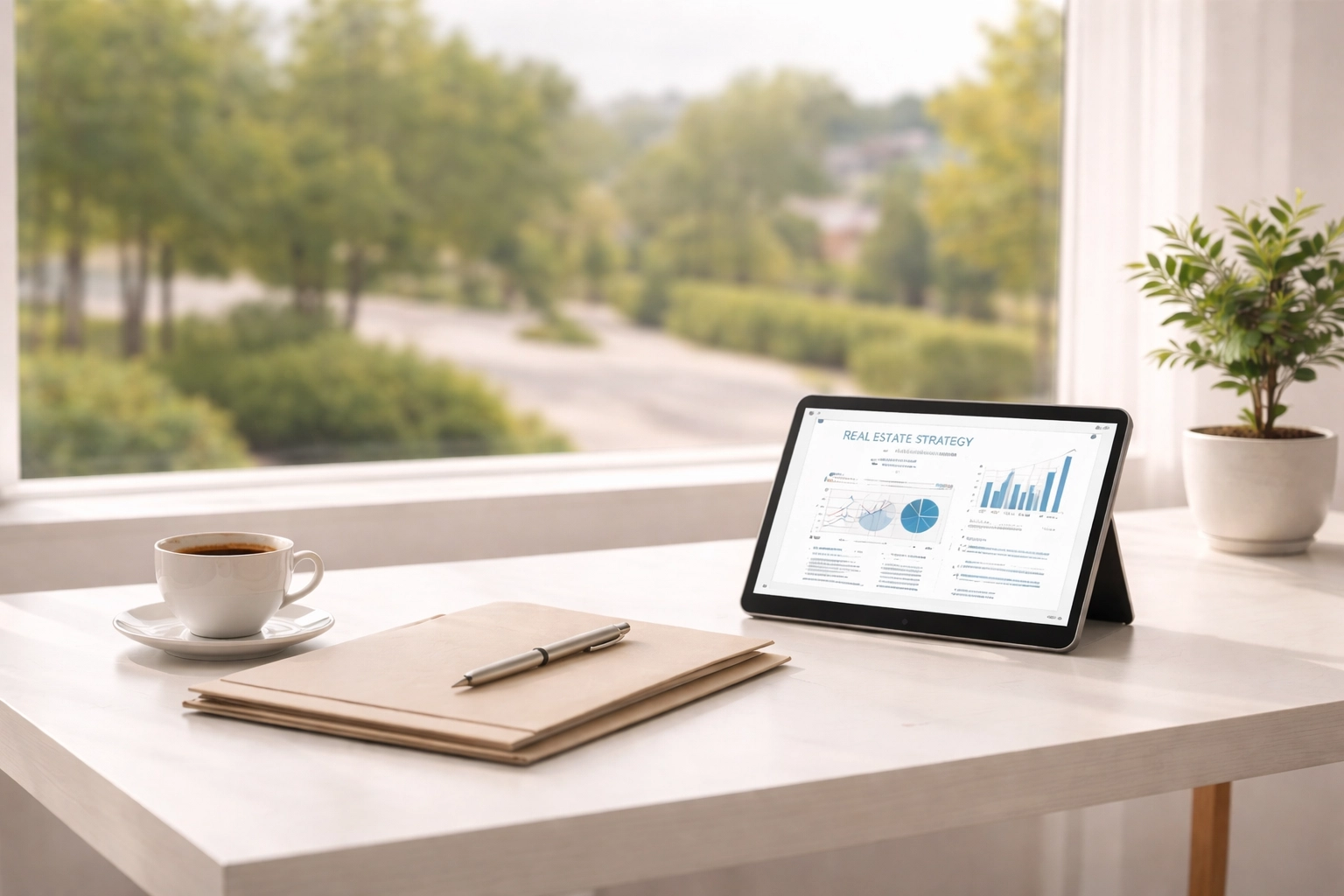 A minimalist and bright home office with a clean white desk, a tablet showing a strategy plan, and a window view of a quiet South Jersey residential street, representing calm and professional real estate preparation.