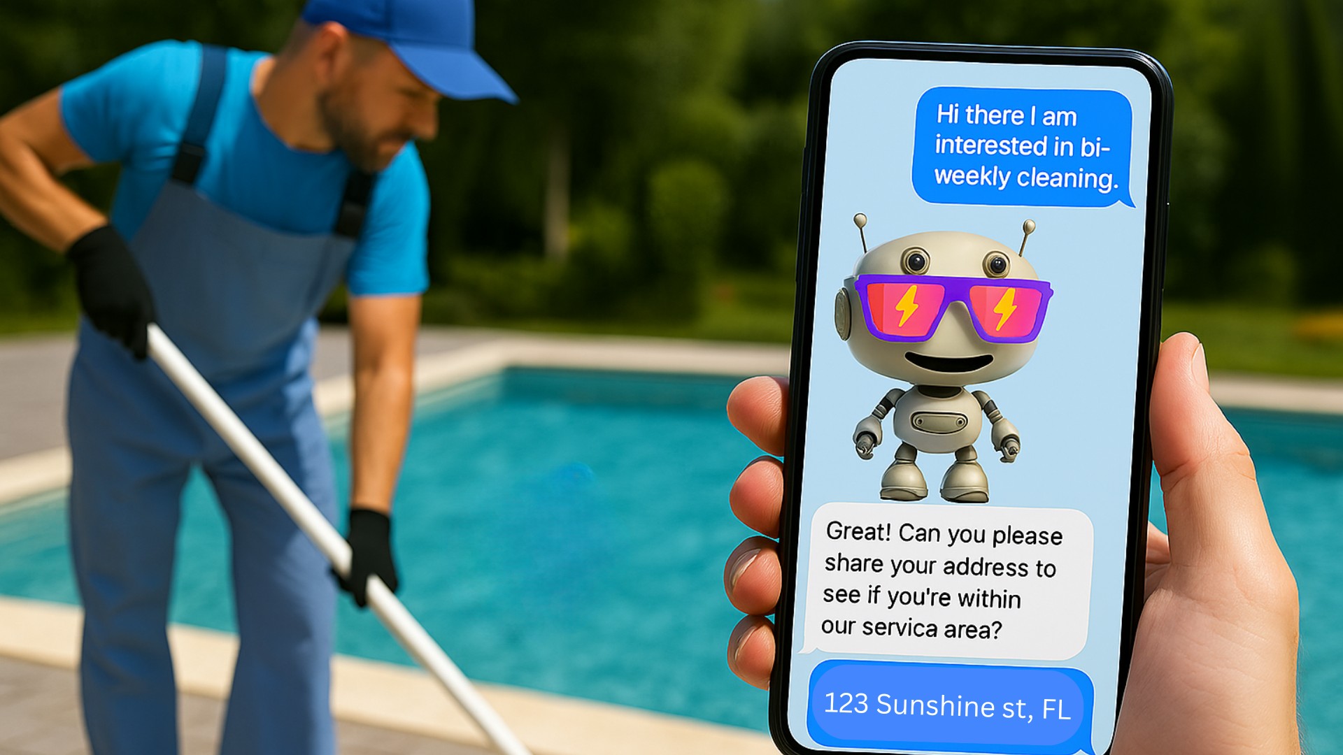 Pool technician cleaning a residential backyard pool while Sunny AI chats with a customer via SMS on-screen. Pool technician cleaning a residential backyard pool while Sunny AI chats with a customer via SMS on-screen.