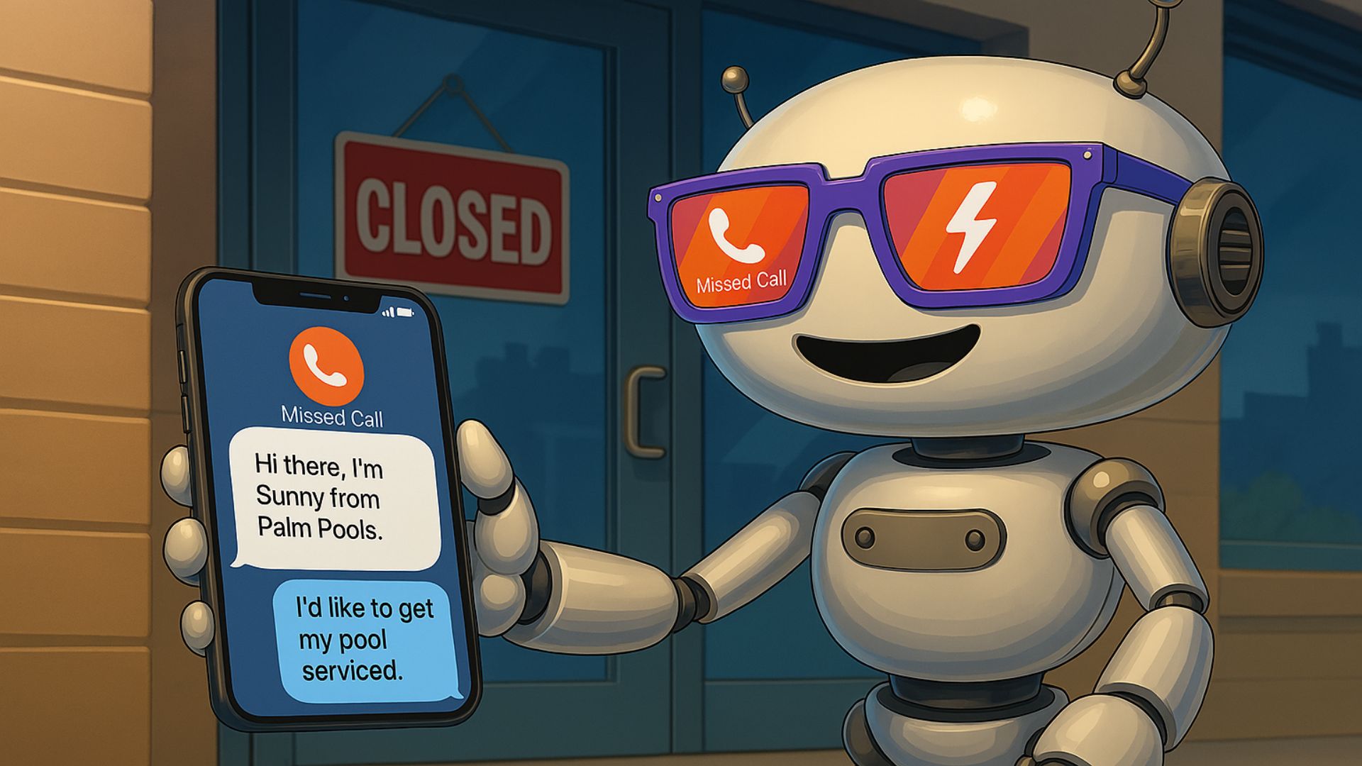Sunny AI responds to a missed call with a text message saying, “I'd like to get my pool serviced,” while a pool company's storefront in the background displays a "Closed" sign. Sunny AI responds to a missed call with a text message saying, “I'd like to get my pool serviced,” while a pool company's storefront in the background displays a "Closed" sign.