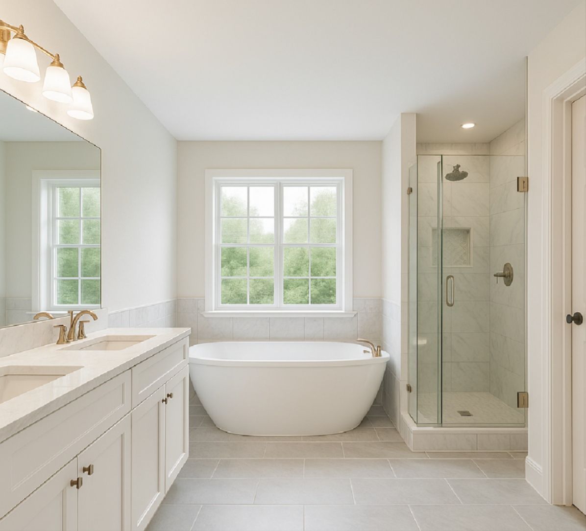 After bathroom remodel – bright white tile, glass shower, modern vanity and LED mirror