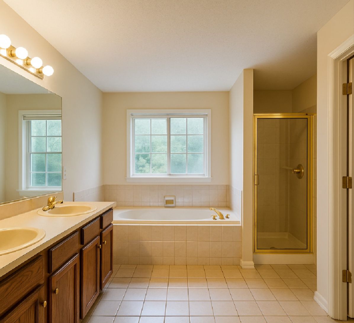 Before bathroom remodel – beige tile, old vanity, poor lighting