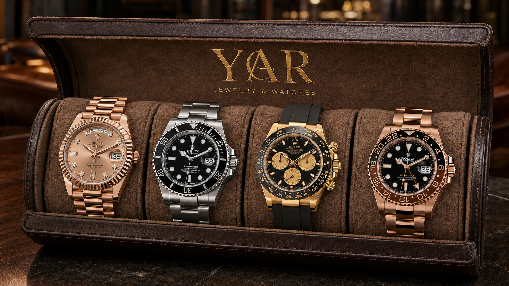 A selection of luxury watches prepared on a presentation tray before a private viewing at YAR Jewelry & Watches