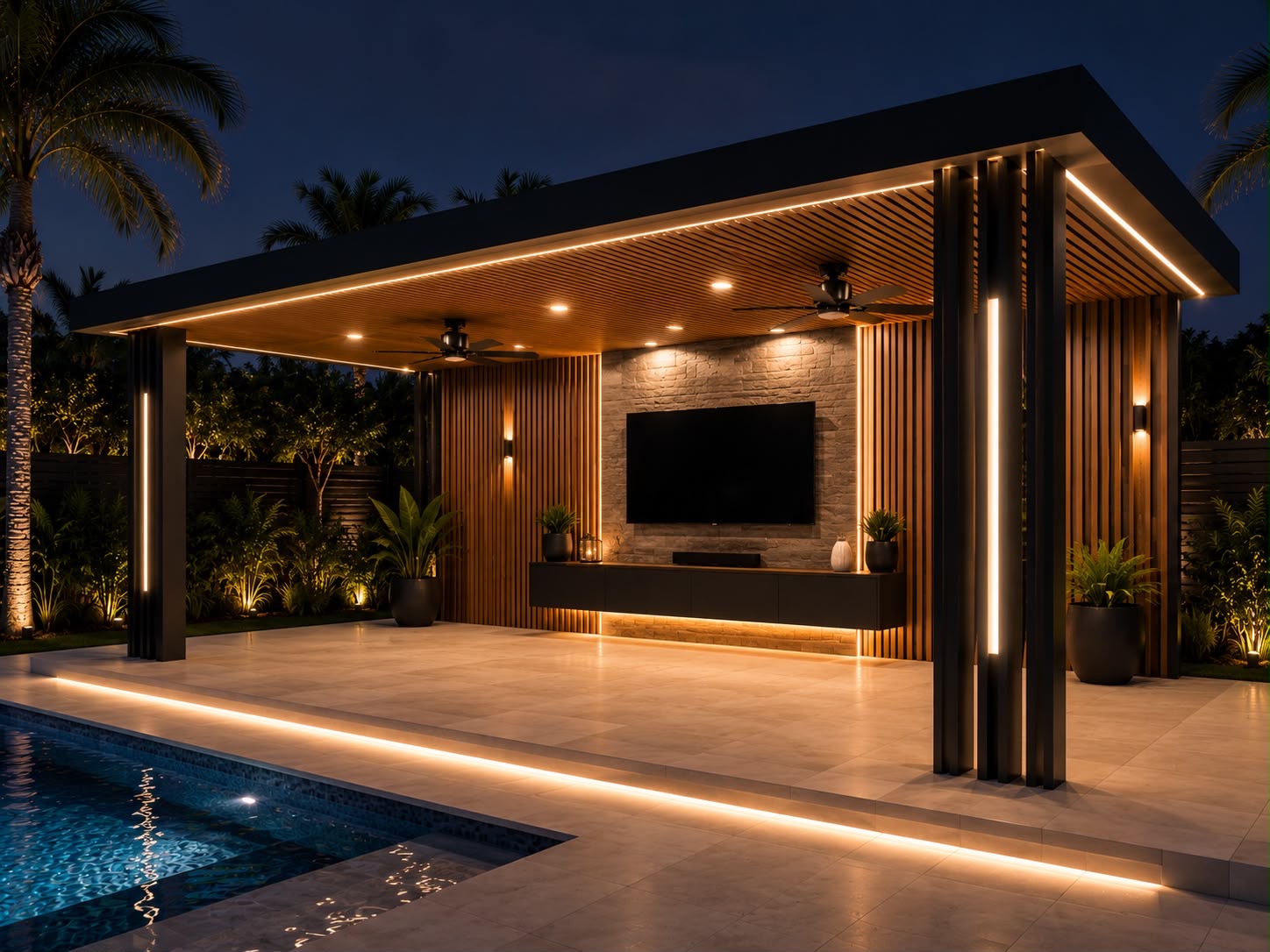 Aluminum patio cover structure with dark framing and open-air design