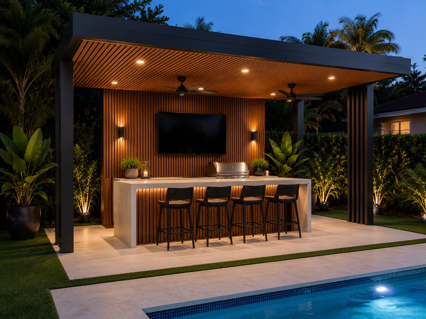 Aluminum patio structure with clean architectural lines and poolside setting