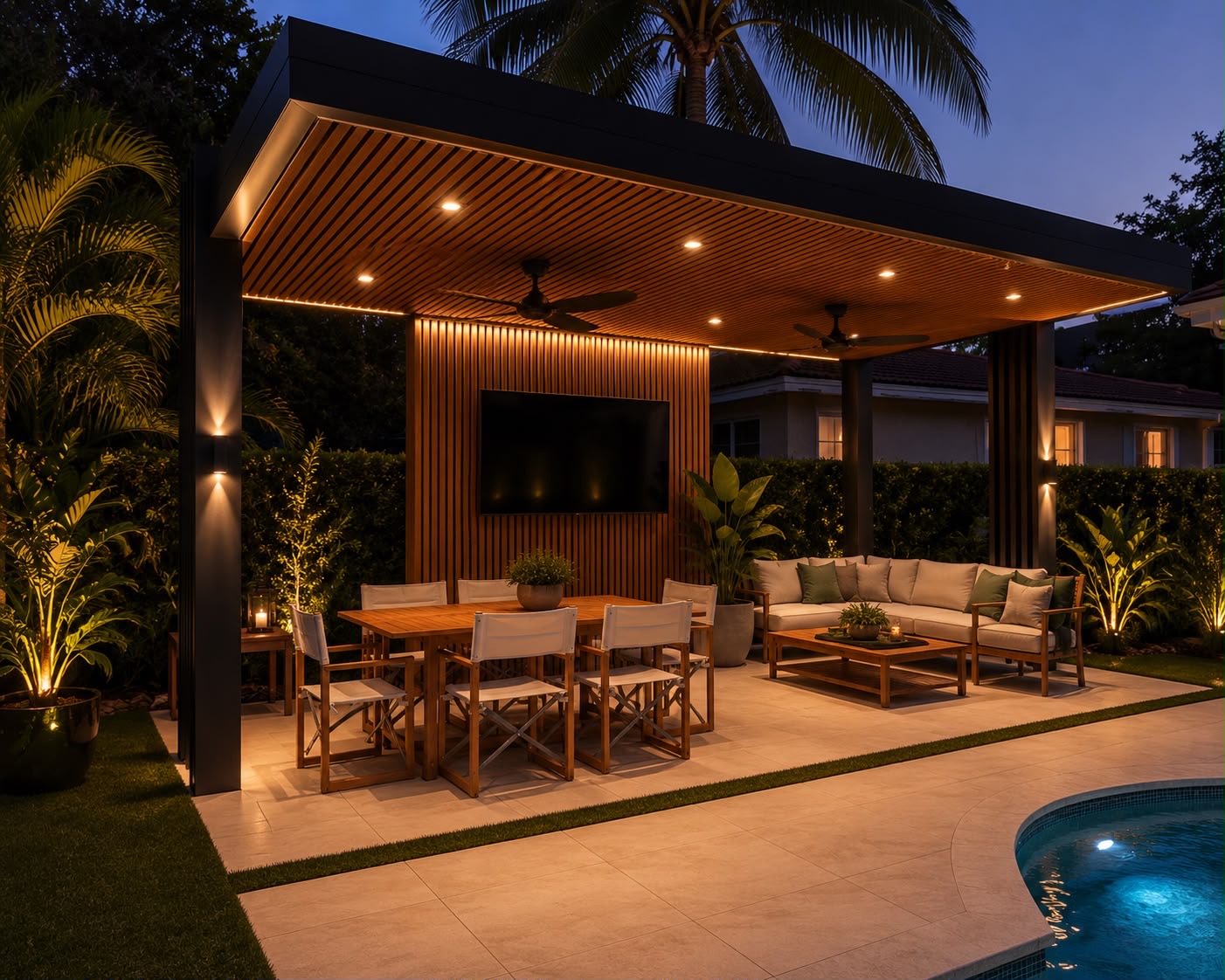 Aluminum pergola with louvered roof system and structural beams