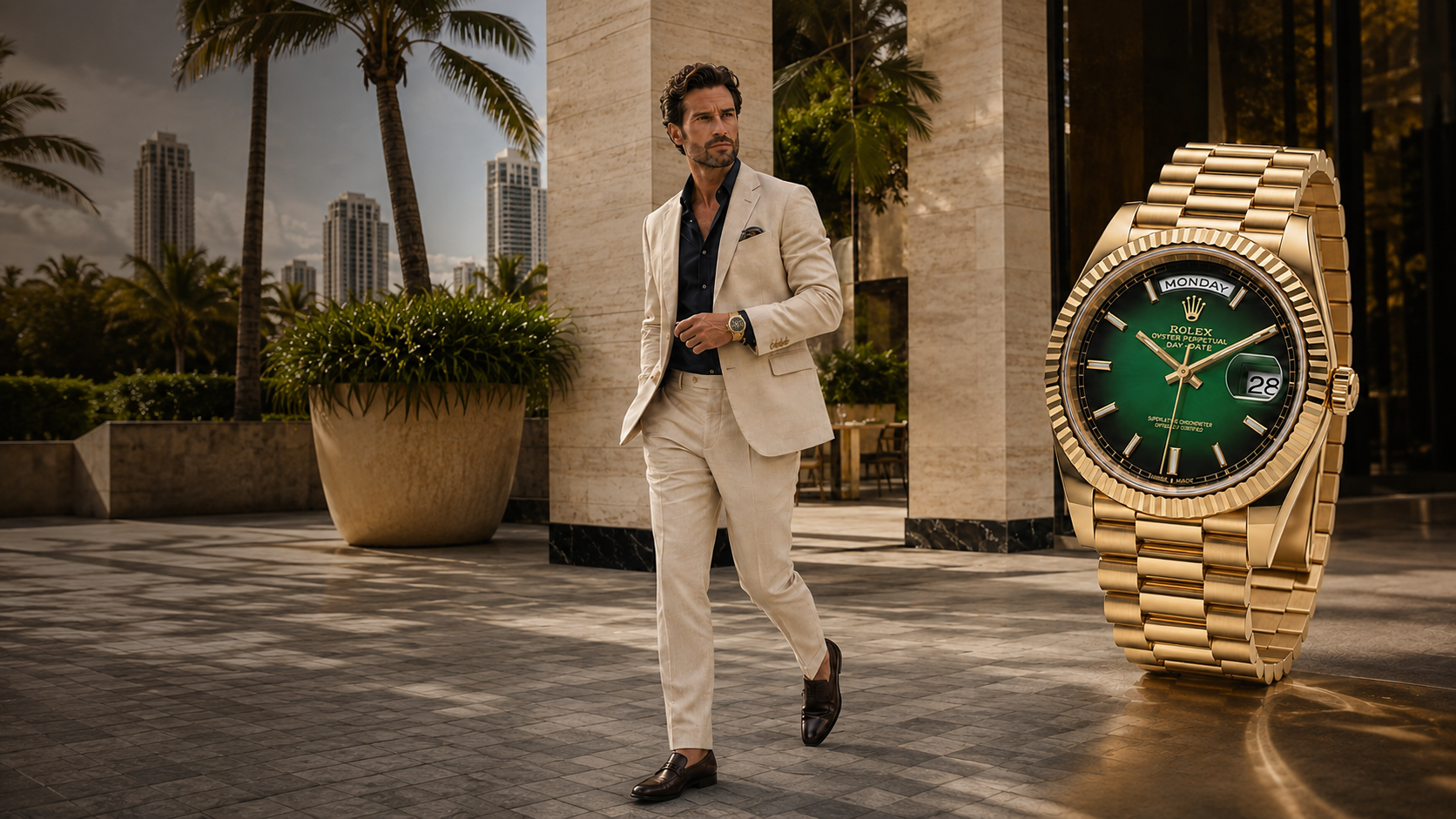 A well-dressed client experiencing a luxury Rolex during a private watch appointment at YAR Jewelry & Watches in Miami