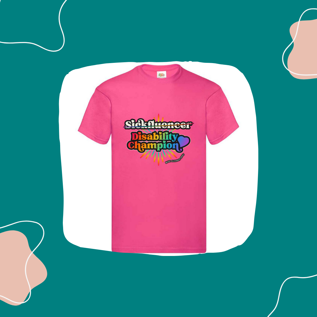 Pink branded t-shirt with the words disability champion Pink branded t-shirt with the words disability champion