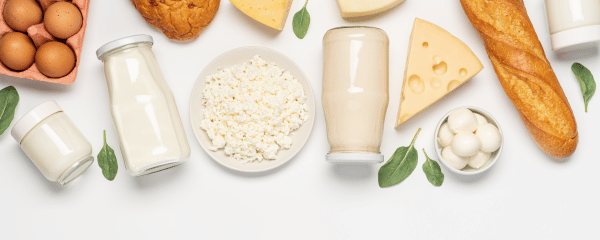 An assortment of dairy products and bread, including milk, cheese, eggs, cottage cheese, and baguette, displayed on a white background with fresh spinach leaves. Represents common inflammatory foods often eliminated in an elimination diet. An assortment of dairy products and bread, including milk, cheese, eggs, cottage cheese, and baguette, displayed on a white background with fresh spinach leaves. Represents common inflammatory foods often eliminated in an elimination diet.