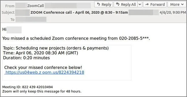 Fake missed zoom call email - phishing attempt