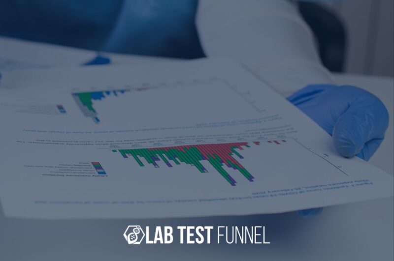 A person wearing blue medical gloves and a lab coat holds up a lab report featuring a colorful bar graph, with the "Lab Test Funnel" logo displayed at the bottom.