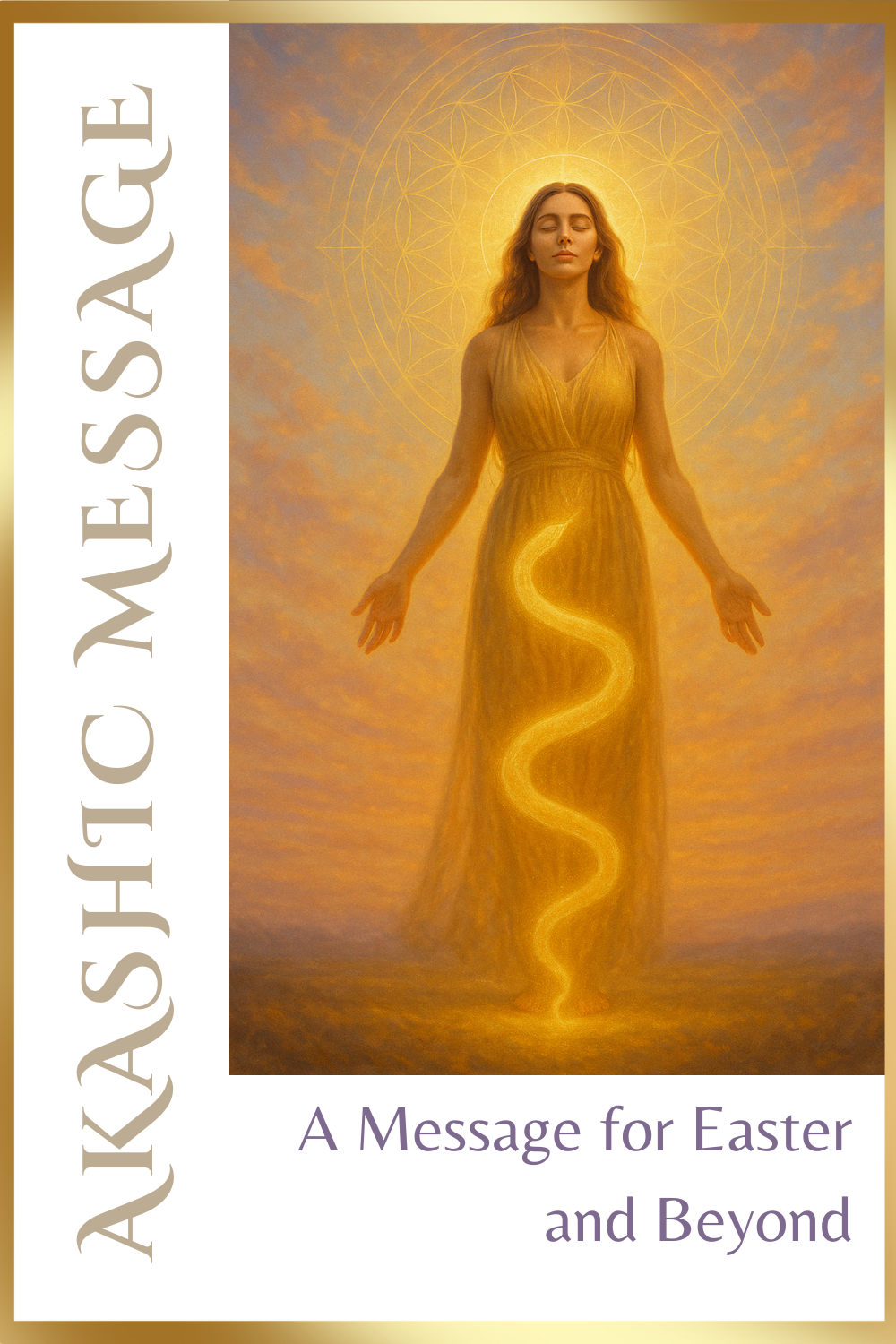 Spiritual artwork of a woman bathed in golden light, with a glowing Kundalini serpent rising through her body, standing before a sacred geometry pattern at sunrise Spiritual artwork of a woman bathed in golden light, with a glowing Kundalini serpent rising through her body, standing before a sacred geometry pattern at sunrise