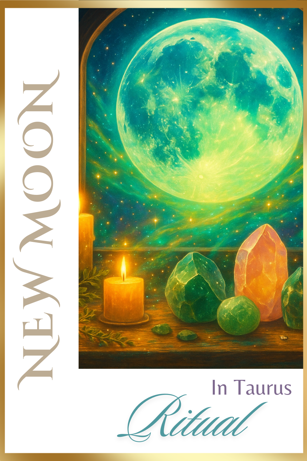 Celestial artwork featuring a glowing Taurus New Moon framed by an arched window, with luminous crystals, green and pink stones, and candles on a wooden altar, set against a starry cosmic background with vibrant blues and greens Celestial artwork featuring a glowing Taurus New Moon framed by an arched window, with luminous crystals, green and pink stones, and candles on a wooden altar, set against a starry cosmic background with vibrant blues and greens