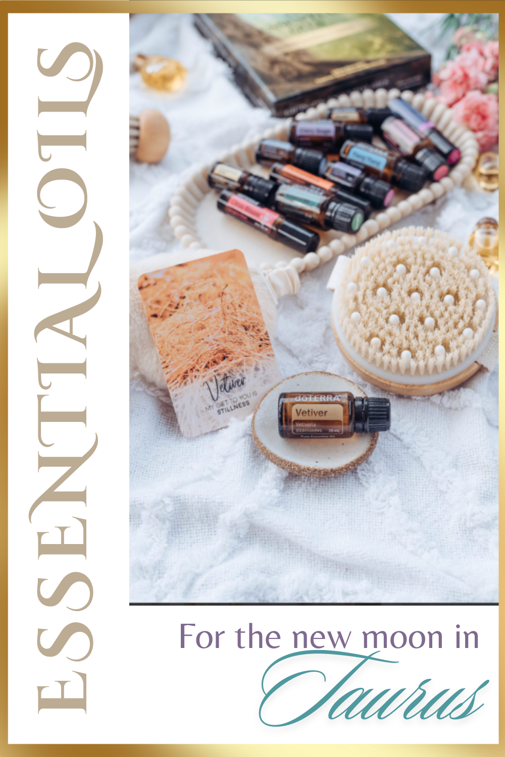 Flat lay of essential oils for New Moon rituals, including Vetiver oil and a Vetiver oracle card, surrounded by a dry brush, beads, and floral accents on a white textured cloth, with soft natural light." Flat lay of essential oils for New Moon rituals, including Vetiver oil and a Vetiver oracle card, surrounded by a dry brush, beads, and floral accents on a white textured cloth, with soft natural light."