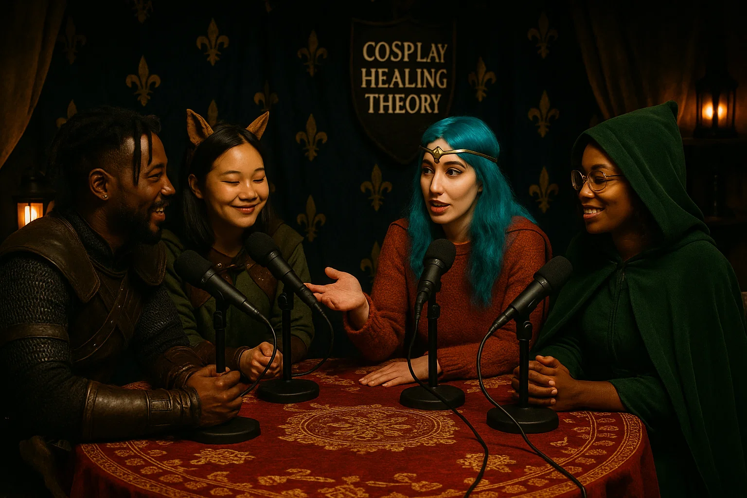 Cosplayers in conversation, representing the podcast