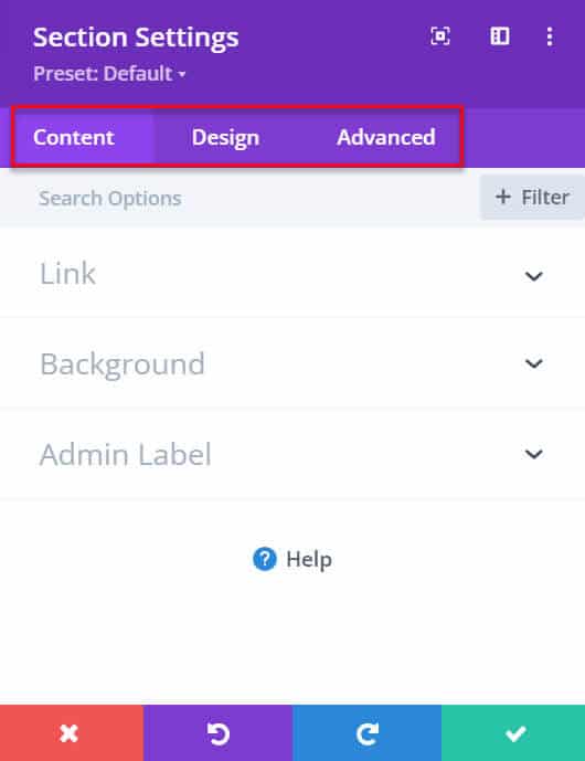 settings sections subsections