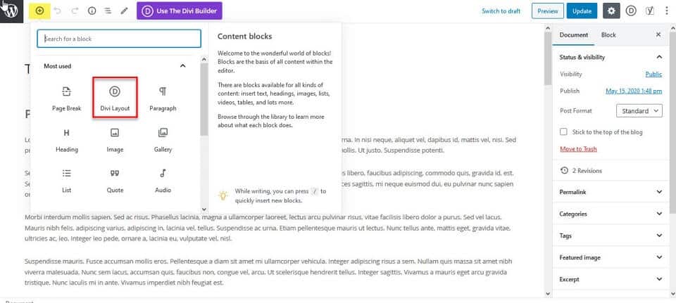 divi layout block for global settings