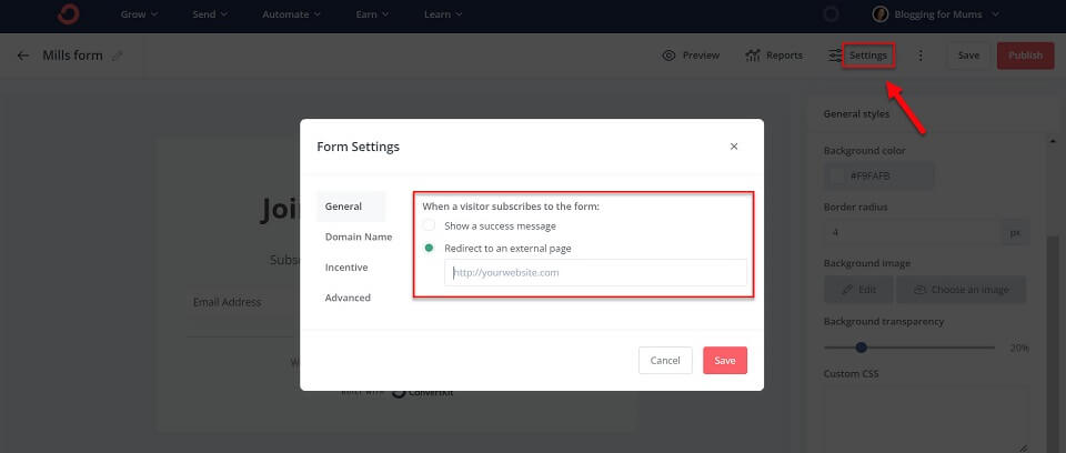 choose forms general settings