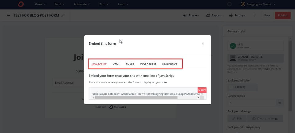 convertkit embed options