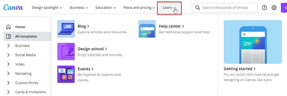 canva learn section for help