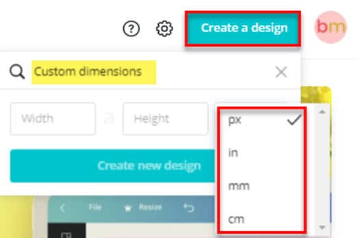 custom dimensions canva option