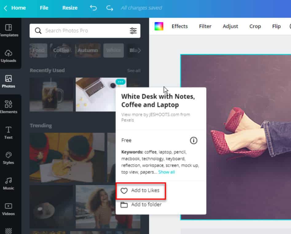 adding liked photos in canva