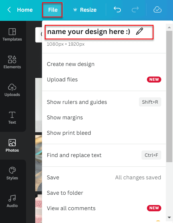 name your design in file