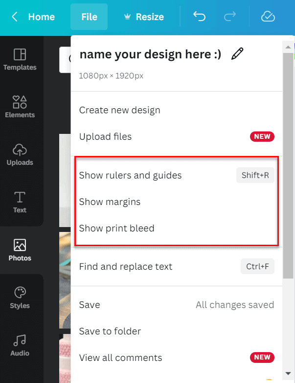 show rulers and guides option