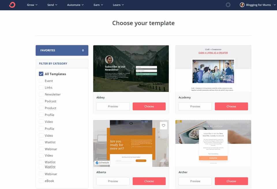 landing page templates in convertkit