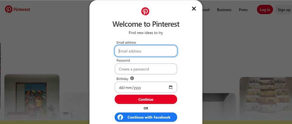 sign up for Pinterest account