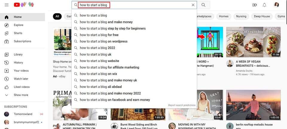 how to start a blog search in YouTube