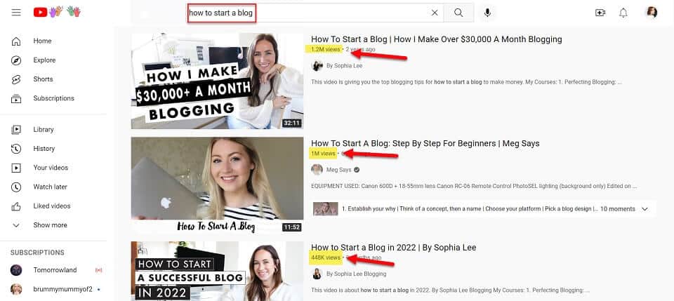 views on how to start a blog youtube search