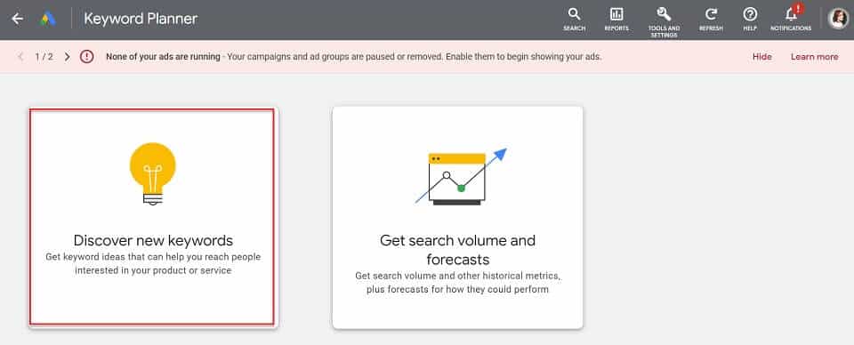 Discover new keywords in google keyword planner