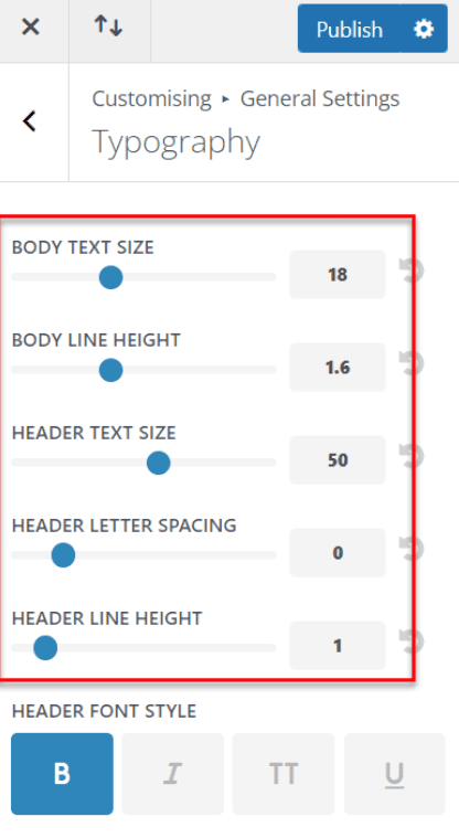 Divi typography settings for whole of site