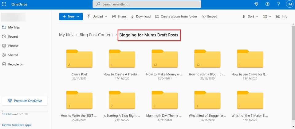 blogging for mums draft blog posts onedrive folder