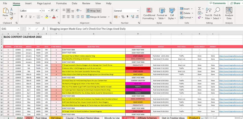 my simple excel editorial calendar