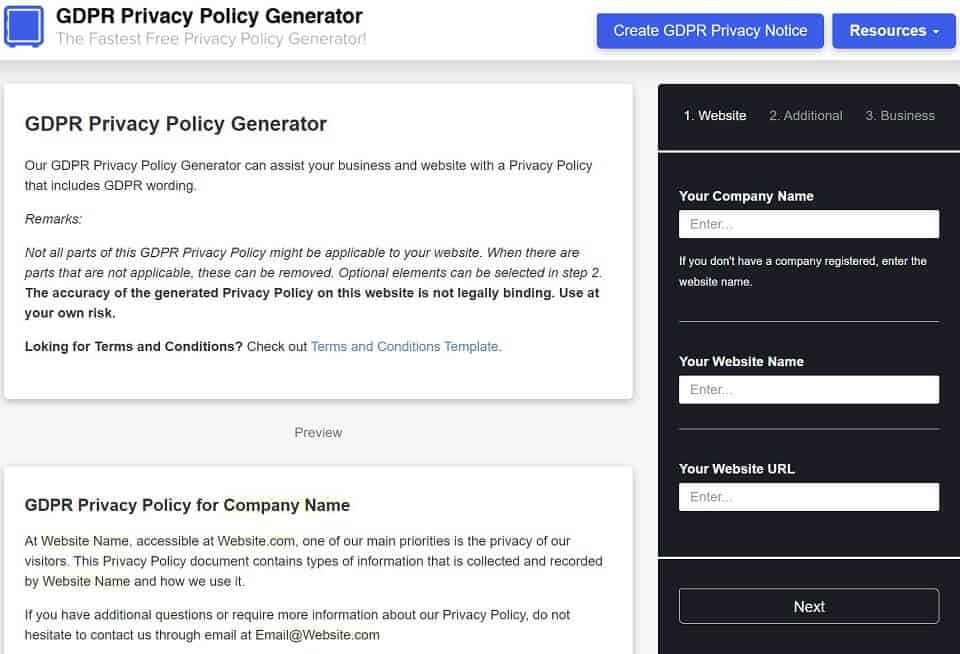 GDPR privacy policy free generator